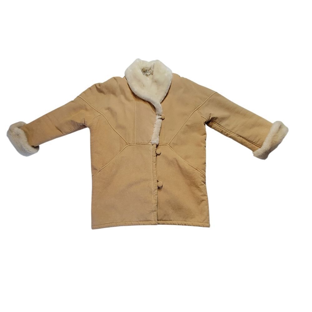 Vintage 80s Women's Tan Suede Leather with Faux Fur Lining Coat - Picture 2 of 13